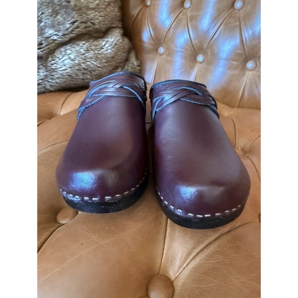 Sven Clog Master Women Eu 41 Burgandy Leather Woven Accent Shoes Wooden Slip On - Picture 3 of 10